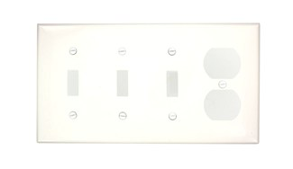 4-Gang Combination Wallplate, 3-Toggle 1-Duplex, Standard Size, Thermoplastic Nylon, White