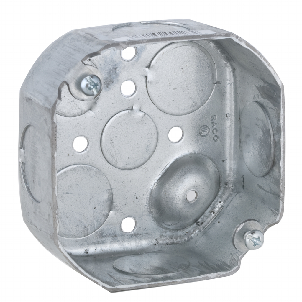 4 in. Octagon Box, Drawn, 1-1/2 in. Deep, Two 1/2 & Six 3/4 in. KO's, Raised Ground