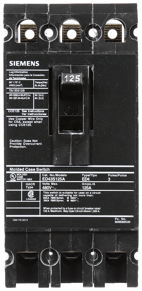 BREAKER ED 3P 125A 480V 18KA SW LD LUG