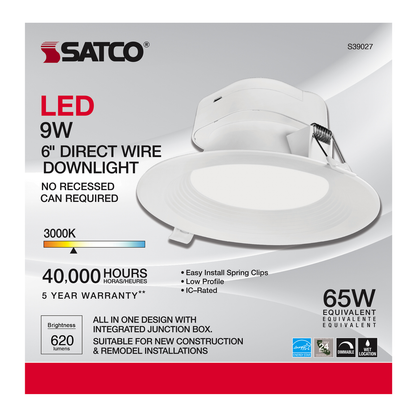 9 watt LED Direct Wire Downlight; 5-6 inch; 3000K; 120 volt; Dimmable
