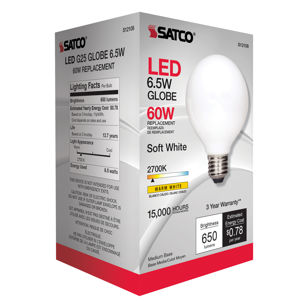 6.5 Watt G25 LED; Soft White; Medium base; 2700K; 650 Lumens; 120 Volt
