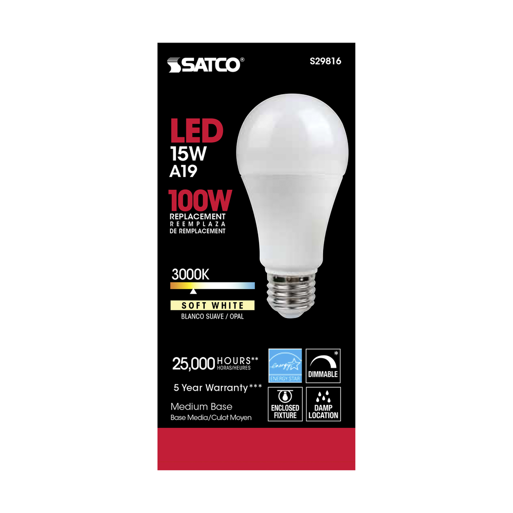 15 Watt; A19 LED; Frosted; 3000K; Medium base; 220 deg. Beam Angle; 120 Volt