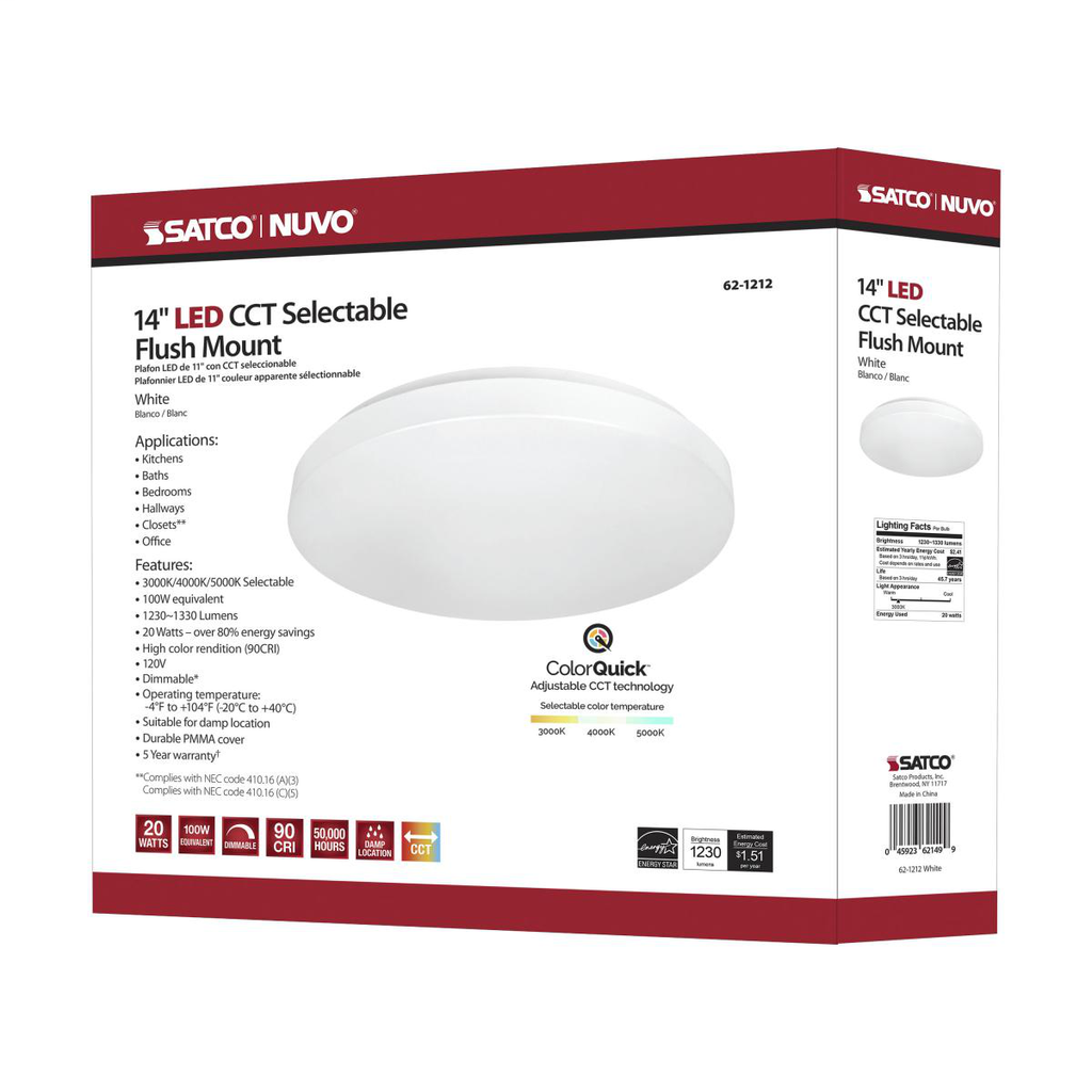 14 inch, Acrylic Round, Flush Mounted, LED Light Fixture, CCT Selectable, White Finish, 120V