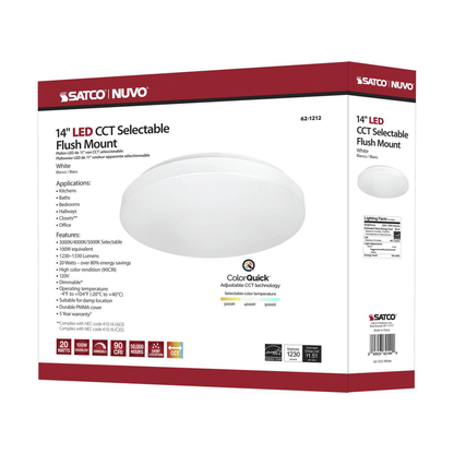 14 inch, Acrylic Round, Flush Mounted, LED Light Fixture, CCT Selectable, White Finish, 120V
