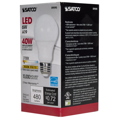 6 Watt; A19 LED; Frosted; 2700K Medium base; 220 deg. Beam Angle; 120 Volt; Non-Dimmable