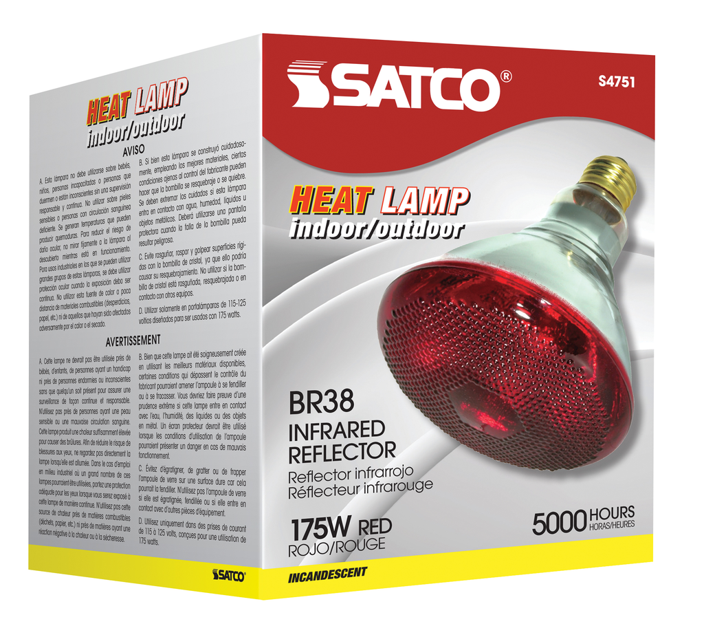 175 Watt BR38 Incandescent; Red Heat; 5000 Average rated hours; Medium base; 120 Volt