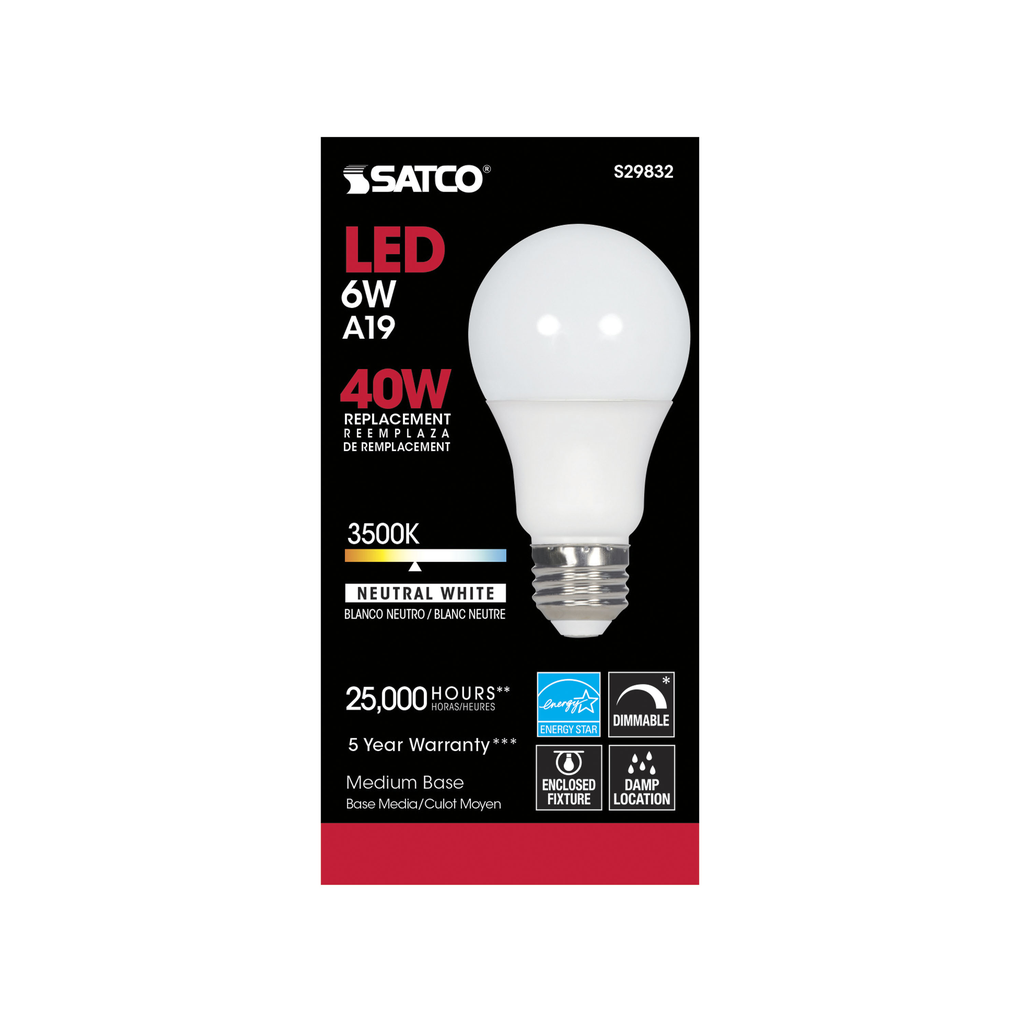 6 Watt; A19 LED; 3500K; Medium base; 220 deg. Beam Angle; 120 Volt