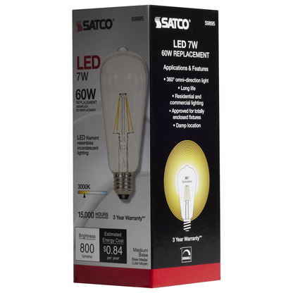 7 Watt ST19 LED; Clear; Medium base; 3000K; 800 Lumens; 120 Volt