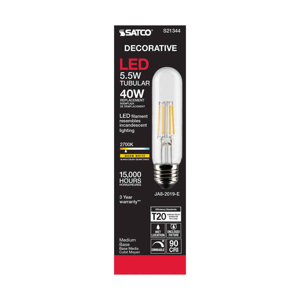 5.5 Watt T10 LED; Clear; Medium base; 90 CRI; 2700K; 120 Volt
