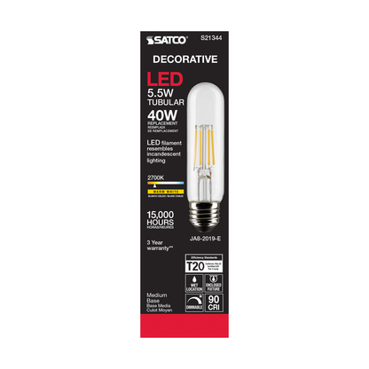 5.5 Watt T10 LED; Clear; Medium base; 90 CRI; 2700K; 120 Volt