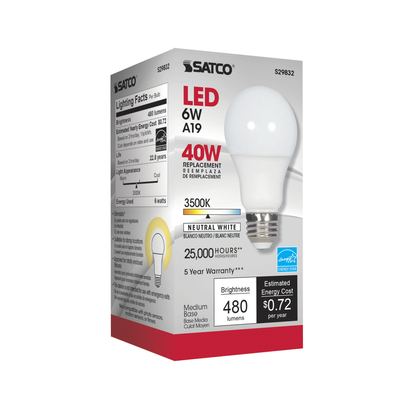 6 Watt; A19 LED; 3500K; Medium base; 220 deg. Beam Angle; 120 Volt