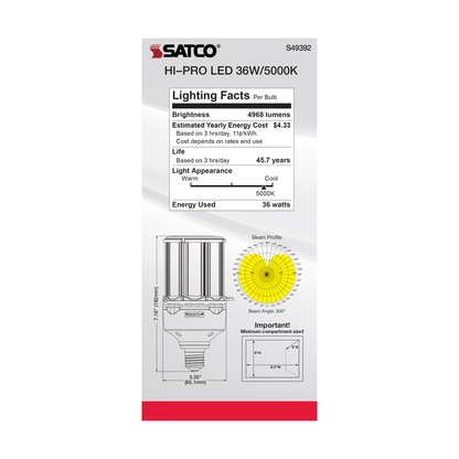 36 Watt LED HID Replacement; 80 CRI; 5000K; Type B; Ballast Bypass; Medium base; Economy Hi-Pro