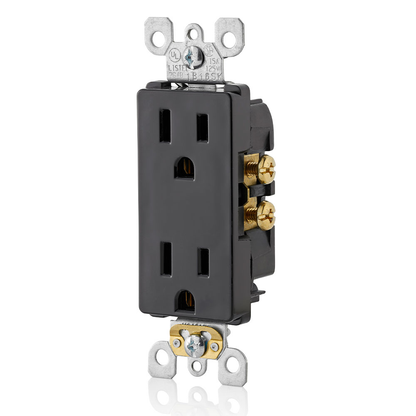 15 Amp Duplex Outlet/Receptacle, Self-Grounding, Black