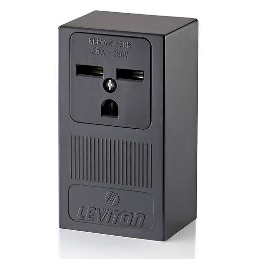30 Amp, 250 Volt, NEMA 6-30R, 2P, 3W, Surface Mtg Receptacle, Straight Blade, Industrial Grade, Grounding, , Side Wired, Steel Strap, - Black