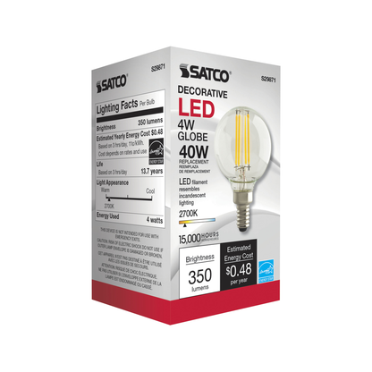 4 Watt G16 1/2 LED; Clear; Candelabra base; 2700K; 350 Lumens; 120 Volt