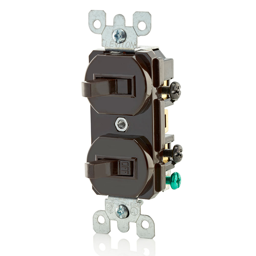 15 Amp, 120/277 Volt, Duplex Style Single-Pole / 3-Way AC Combination Switch, Residential/Commercial Specification Grade, Non-Grounding, Side Wired, Brown