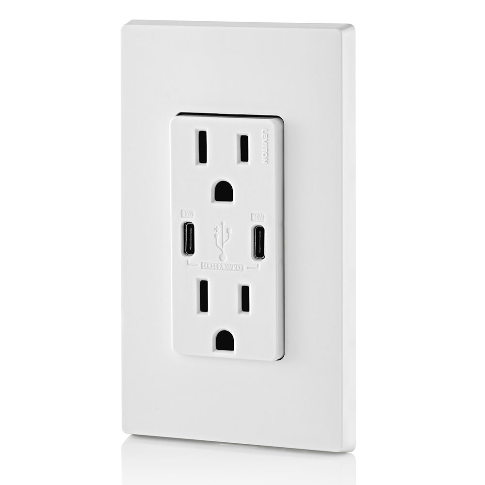 30W (6A) USB Dual Type-C/C Power Delivery Wall Outlet Charger with 15A Tamper-Res Outlet