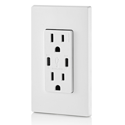30W (6A) USB Dual Type-C/C Power Delivery Wall Outlet Charger with 15A Tamper-Res Outlet
