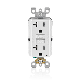 20 Amp, 125 Volt Receptacle, 20 Amp Feed-Through, Tamper-Resistant, Self-test SmartlockPro Slim GFCI, Monochromatic, back and side wired, wallplate/faceplate sold separately, self grounding clip included - White
