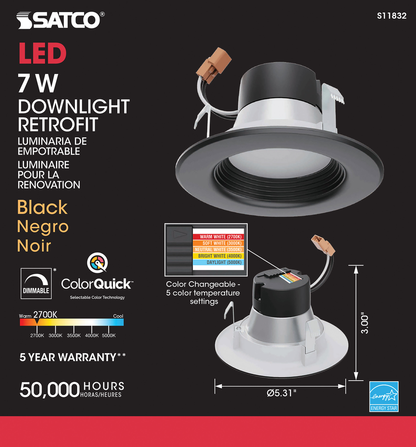 7 Watt; LED Downlight Retrofit; 4 Inch; CCT Selectable; 120 volts; Dimmable; Black Finish