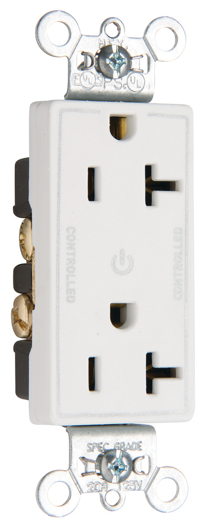 20A 125V Dual-Controlled Plug Load Decorator Duplex Receptacle, White