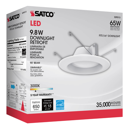 9.8 watt LED Downlight Retrofit; 5 - 6"; 3000K; Dimmable; 120 volts
