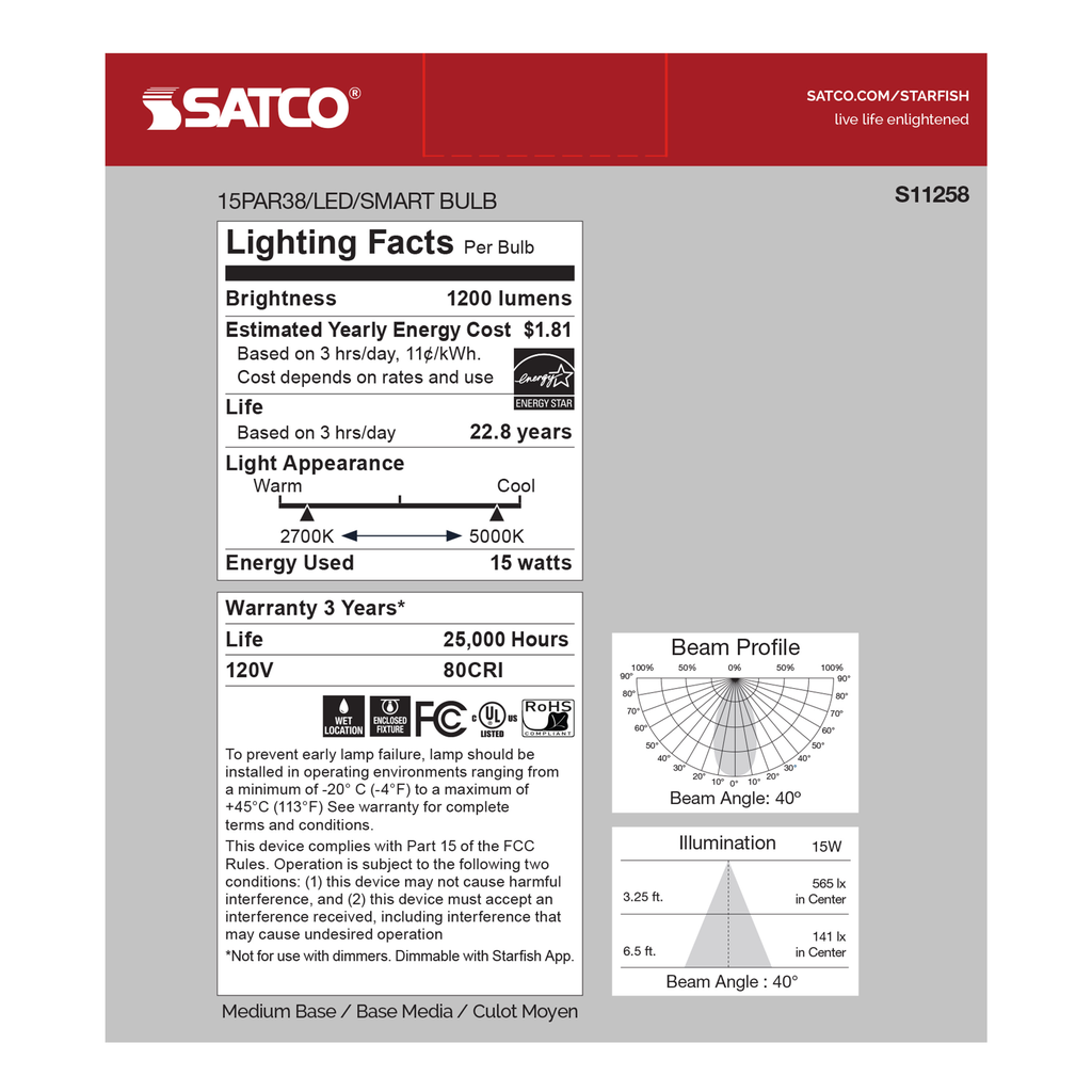 15 Watt; PAR38 LED; RGB & Tunable White; Starfish IOT; 120 Volt; 1200 Lumens