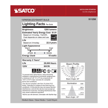 15 Watt; PAR38 LED; RGB & Tunable White; Starfish IOT; 120 Volt; 1200 Lumens