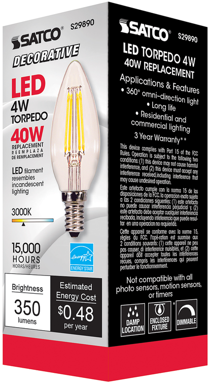 4 Watt B11 LED; Clear; Candelabra base; 3000K; 350 Lumens; 120 Volt