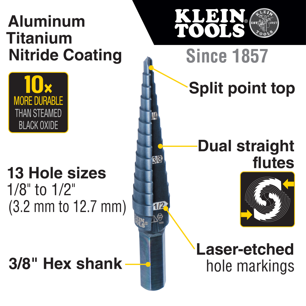 13-Step Drill Bit, 3/8-Inch Hex, Double Straight Flute, 1/8-Inch to 1/2-Inch