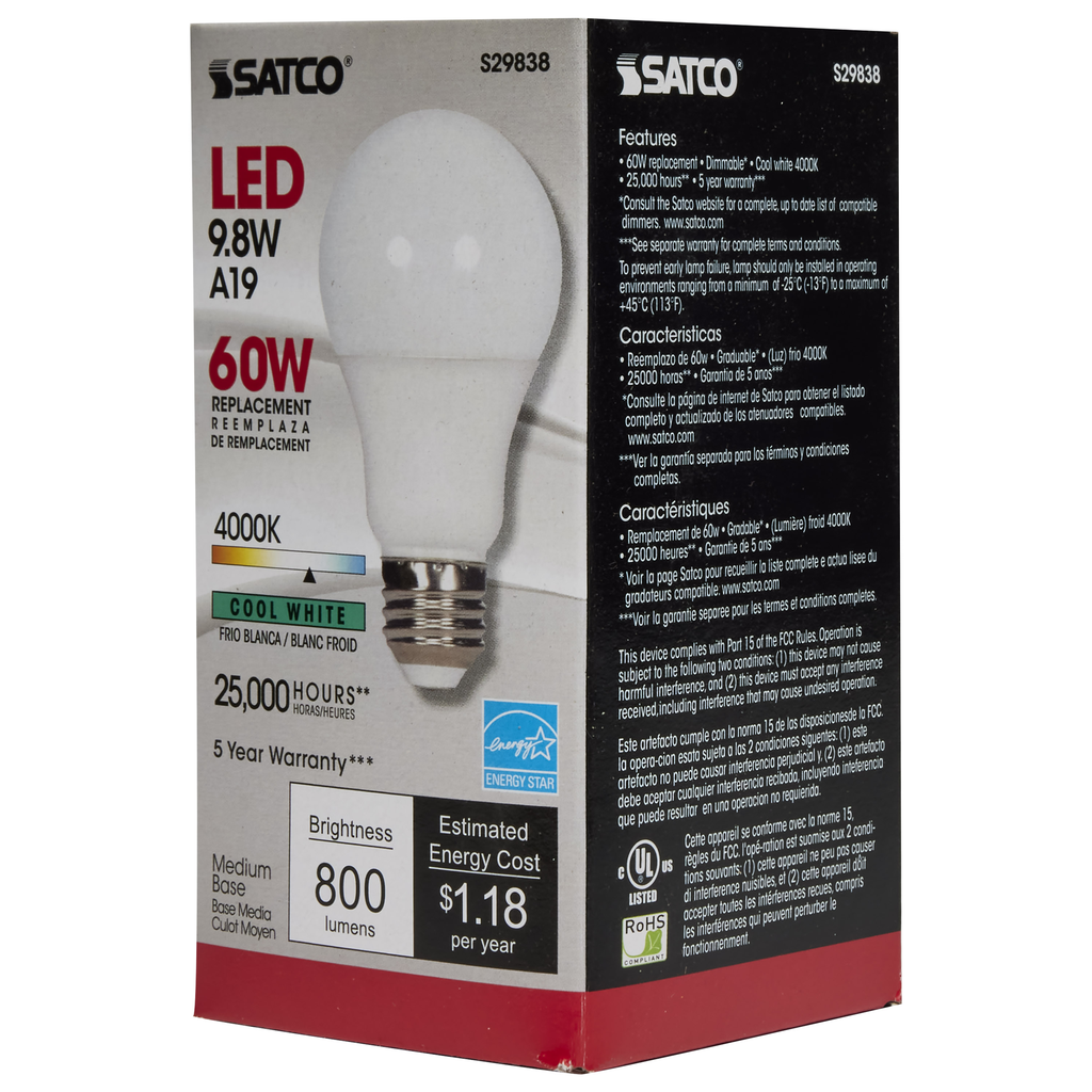 9.8 Watt; A19 LED; 4000K; Medium base; 220 deg. Beam Angle; 120 Volt