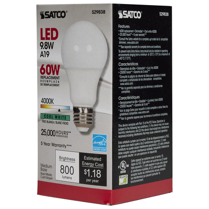 9.8 Watt; A19 LED; 4000K; Medium base; 220 deg. Beam Angle; 120 Volt