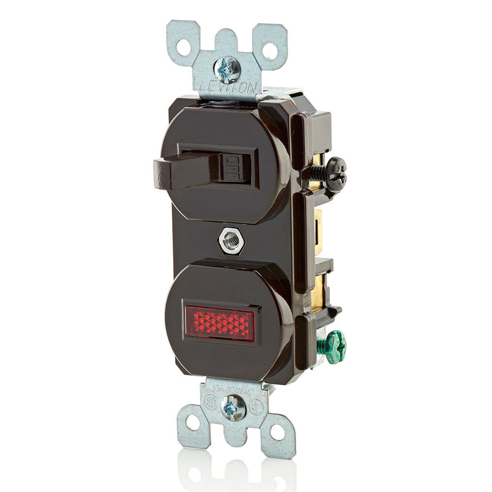 15 Amp, 120 Volt, Duplex Style Single-Pole / Neon Pilot AC Combination Switch, Commercial Grade, Non-Grounding, Side Wired , Brown