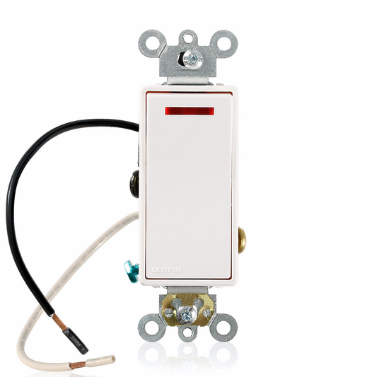 20 Amp, 120 Volt, Decora Plus Rocker Pilot Light - Illuminated ON - Req. Neutral 3-Way AC Quiet Switch, Commercial Spec Grade, Self Grounding, Back & Side Wired, - White