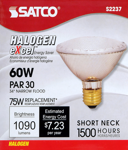 60 Watt; Halogen; PAR30; Clear; 1500 Average rated hours; 1090 Lumens; Medium base; 120 Volt