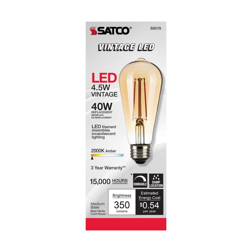 4.5 Watt ST19 LED; Transparent Amber; Medium base; 2000K; 350 Lumens; 120 Volt