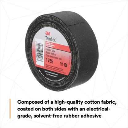 3M Temflex Cotton Friction Tape 1755, 1-1/2 in x 82-1/2 ft, Black, 30 rolls/Case