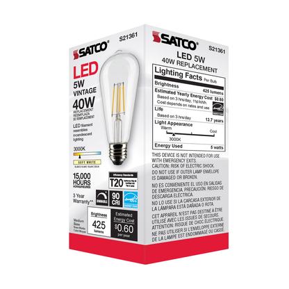5 Watt ST19 LED; Clear; Medium base; 90 CRI; 3000K; 120 Volt