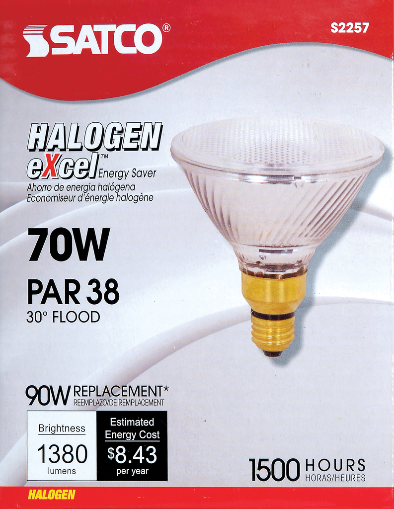 70 Watt; Halogen; PAR38; Clear; 1500 Average rated hours; 1380 Lumens; Medium Skirted base; 120 Volt