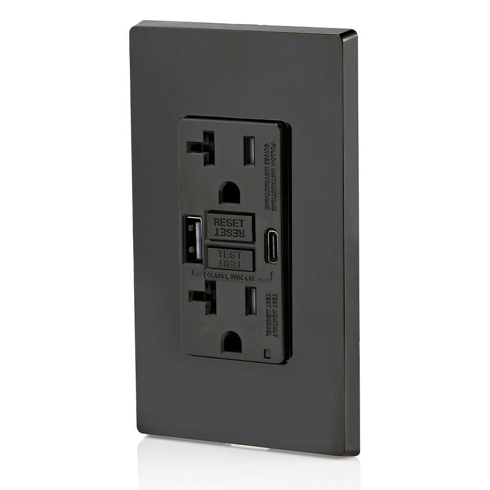 20A SmartlockPro® Self-Test GFCI Combination 24W(4.8A) Type A/C USB In-Wall Charger Outlet – Black