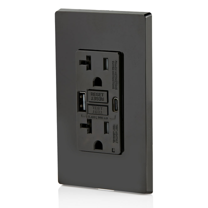 20A SmartlockPro® Self-Test GFCI Combination 24W(4.8A) Type A/C USB In-Wall Charger Outlet – Black