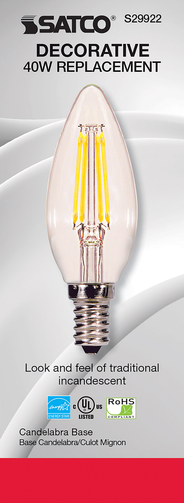 4 Watt B11 LED; Clear; Candelabra base; 2700K; 350 Lumens; 120 Volt