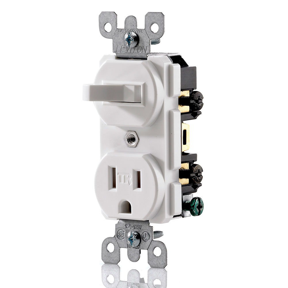 15 Amp, 120 Volt, Duplex Style Single-Pole / 5-15R AC Combination Switch, Commercial Grade, Grounding, Side Wired, White
