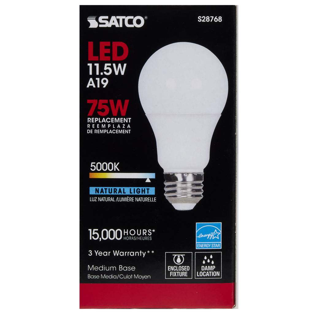 11.5 Watt; A19 LED; 5000K; Medium base; 220 deg. Beam Angle;120 Volt