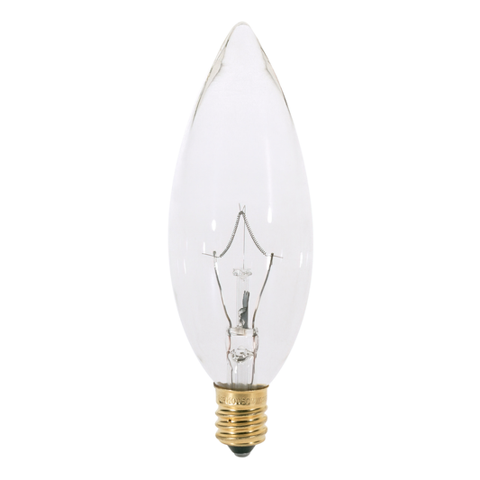 25 Watt BA9 1/2 Incandescent; Clear; 1500 Average rated hours; 212 Lumens; Candelabra base; 120 Volt