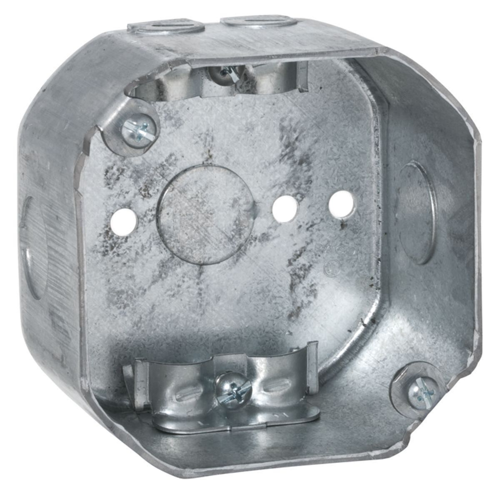 4 in. Octagon Box, Drawn, 2-1/8 in. Deep, Three 1/2 in. KO's & NMSC Clamps