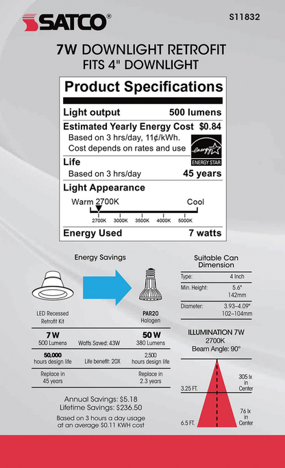 7 Watt; LED Downlight Retrofit; 4 Inch; CCT Selectable; 120 volts; Dimmable; Black Finish
