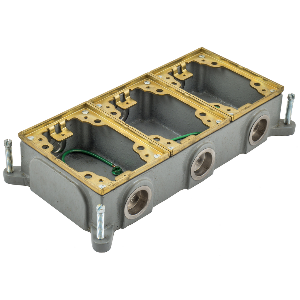 3-Gang, Rectangular, Cast Iron Box, Shallow, Semi Adjustable, Brass Top