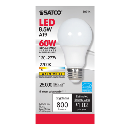 8.5 Watt; A19 LED; 2700K; Medium base; 220 deg. Beam Angle; 120-277 Volt