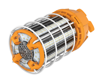 150 Watt LED Hi-Lumen temporary Hi-Bay Caged lamp; 5000K; Integrated Cord / Plug & Hook; 120 Volt